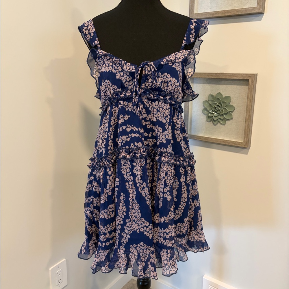 Patrons of Peace Blue & Pink Floral Mini Babydoll Tiered Ruffle Dress NWT!